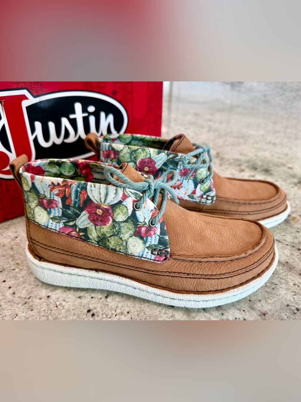 Justin Boots Tan Moccasins with Floral Print and Light Blue Laces NIB